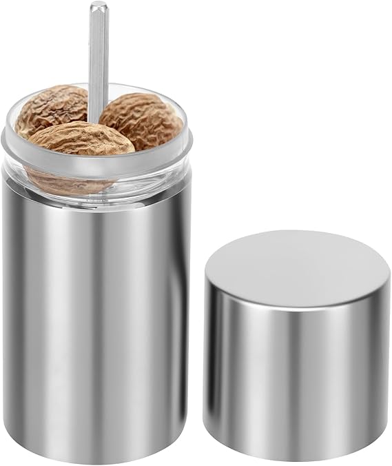 Stainless Steel Nutmeg Grinder Mill with Integrated Storage Container - Professional Manual Spice Grater for Whole Nutmeg, Ginger, Cinnamon & Hard Spices - Adjustable Coarseness Nut Chopper
