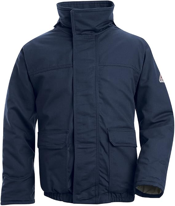 Bulwark Flame Resistant 7 oz Twill Cotton/Nylon Excel FR ComforTouch Long Insulated Bomber Jacket with Fully Insulated Stand-up Collar, Knit Storm Cuff, Navy, X-Large