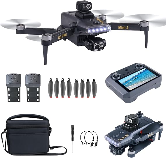 4K Drone with 4K UHD Camera for Adults, FPV Drone with 5.5" Big Screen on Controller, 360 Obstacle Avoidance, GPS Auto Return, Circle Fly Follow Me Headless Mode, Lightweight RC Quadcopter with 3-Axis Gimbal, Professional Foldable Drone Gift for Beginners Adults, Aerial Photography Drones with 2 Batteries for Outdoor Vlogging, Q3 PRO Mini 2 Drones Kit