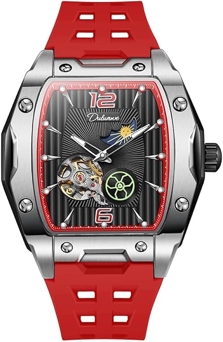 Tonneau Sports Men's Tourbillon Watches Starry Moon Phases Hollow Out Automatic Mechanical Watch Rubber Strap Waterproof Luminous Wristwatch