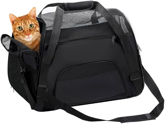 DONYER POWER Soft Sided Pet Carrier for Cats Comfort Airline Approved Under Seat Travel Tote Bag, Travel Bag for Small Animals with Mesh Top and Sides,BLACK