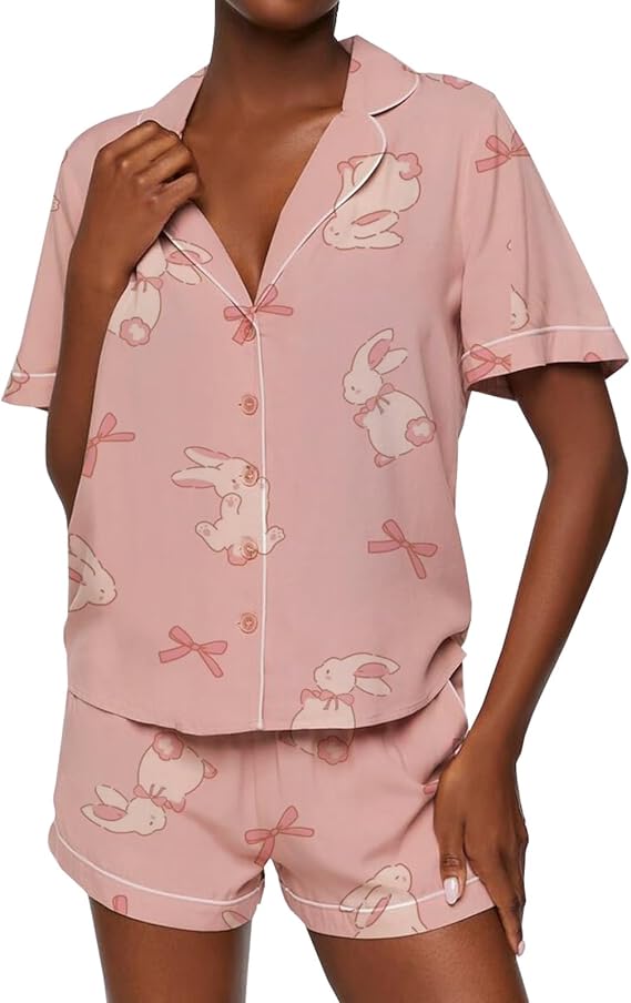 RUEWEY Womens 2 Piece Pajamas Set Cute Bunny Print Short Sleeve Button Down Shirt Shorts Lounge Set Sleepwear
