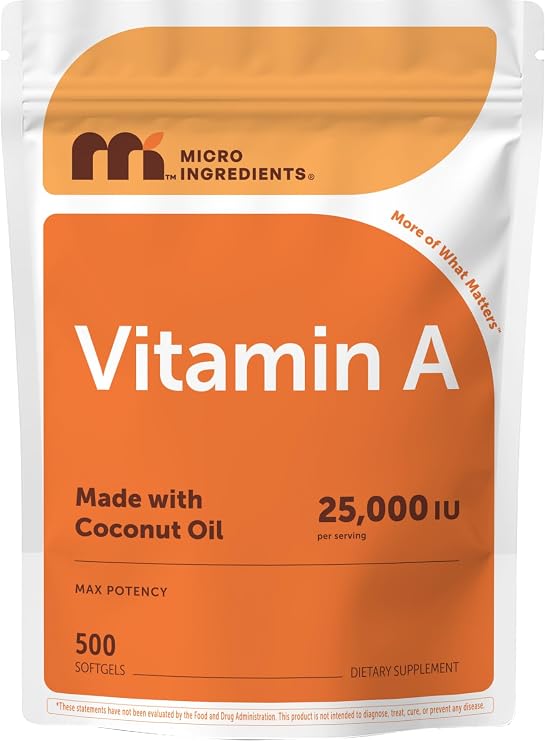 Maximum Strength Vitamin A 25000 IU | 500 Softgels with Coconut Oil for Better Absorption | Essential Vitamins | Non-GMO, Easy to Swallow