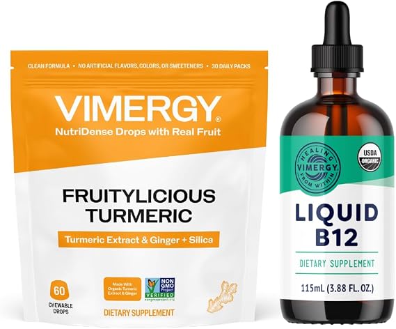 Vimergy NutriDense Fruitylicious Turmeric + Ginger Chewables (60 Count) & Organic Liquid Vitamin B12 (115 mL)