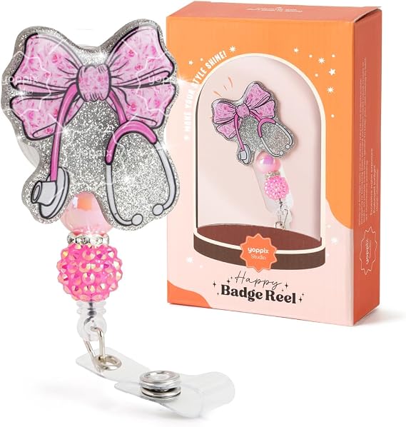YOPPIX Pink Floral Stethoscope Bow Badge Reel, Sparkly Glitter Retractable Badge Reel for Nurses RN EN Doctor Paramedic Teachers Medical Office Womens