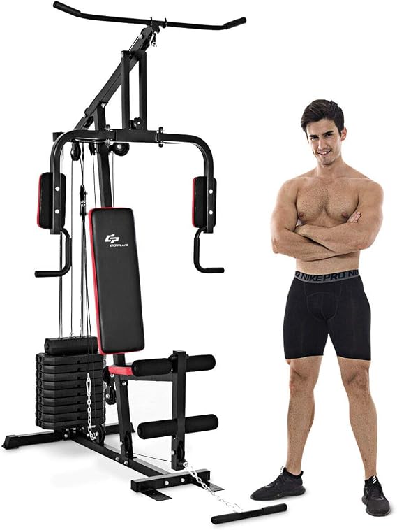 Goplus Multifunction Home Gym System, Workout Station with 100LBS Weight Stack, LAT Pulldown Machine Exercise Equipment for Total Body Strength Training