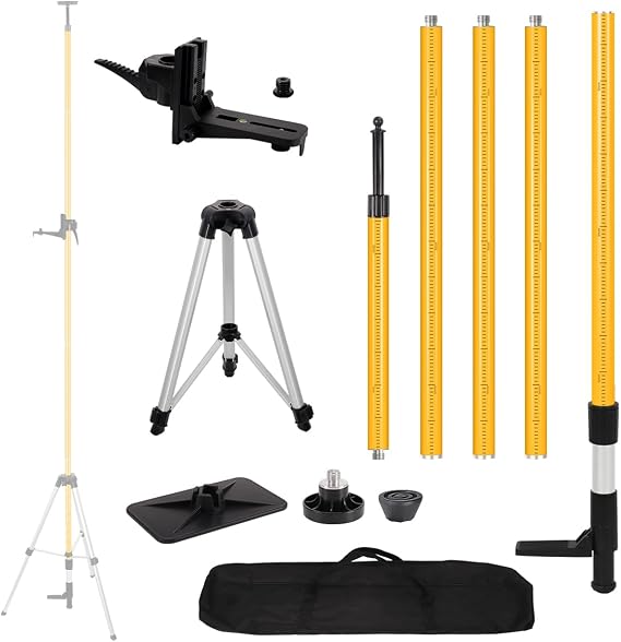 12 Ft./3.7M Professional Laser Level Pole with Tripod, Adjustable Telescoping Pole for Leveling Tools, Multi-functional Fine-tuning Bracket with 1/4 and 5/8 Thread Adapters, Includes Carrying Bag