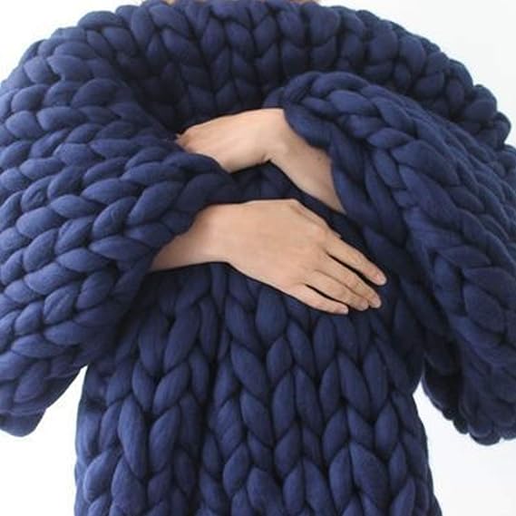 Knitted Blanket Throw Chunky Navy, Chunky Knit Throw Blankets for Bed by Soft Knitting 6CM Wide Knitted Throw for Bed Sofa Home Decor Super Large Mat Rug-32x40in