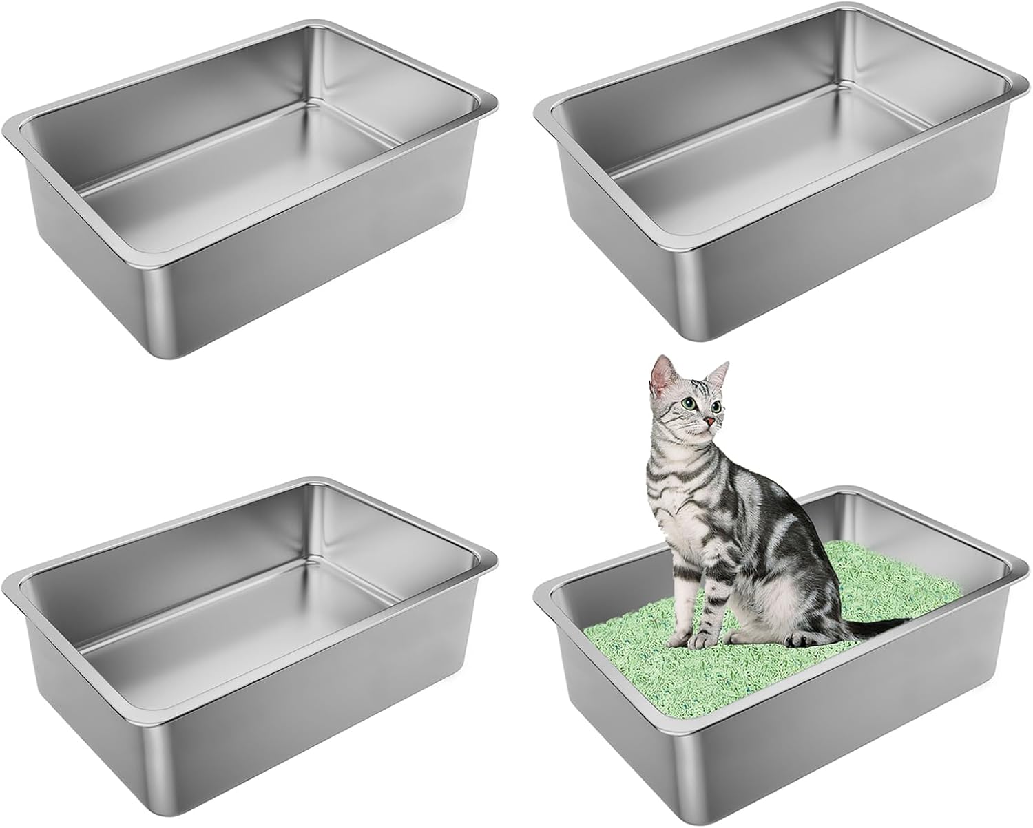 Stainless Steel Cat Litter Tray XL, 4 Pack Extra Large Litter box for Big Cats and Rabbits, 6" High-Sided, Never Absorbs Odors,Stain Free, Rustproof, Non Stick Smooth Surface 19.5"Lx13.5"W