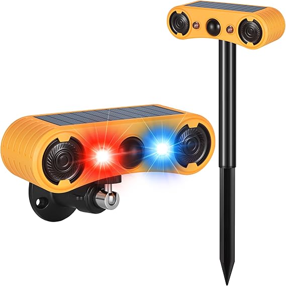 Solar Motion Sensor Alarm Outdoor, Red & Blue LED Strobe Light | 130dB Dual Speakers, 13 Loud Sounds Dog Barking & Siren, Continuous Loop Playback, 4 Working Modes for Home, Farm, Barn
