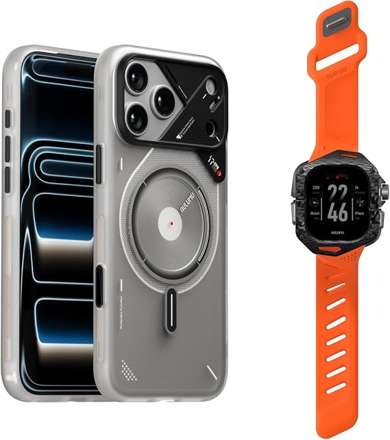 Aulumu A17 iPhone 17 Pro Max Magnetic Thermal Case+A01 Carbon Fibre Case with Apple Watch Ultra Band 49MM,Includes (A17) White + (A01) Orange