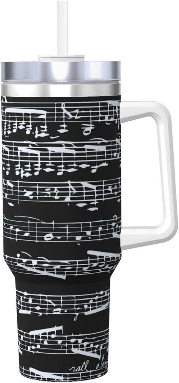 Music Notes On Black,40OZ Ice Bully Cup with Handle Stainless Steel Mug Water Bottle