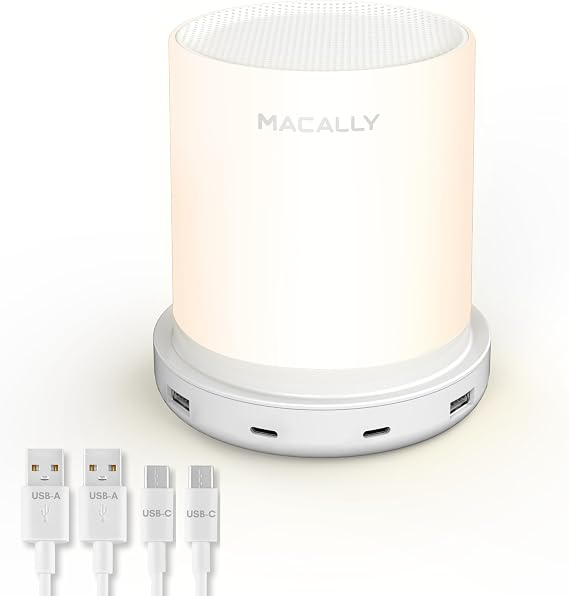 Macally Small Bedside Lamp with USB Ports (USB C + A) - Fast Charging Bedside Light and 3 Way Dimmable Touch Lamp for Nightstands - Great as a Night Light and Charger for Bedrooms