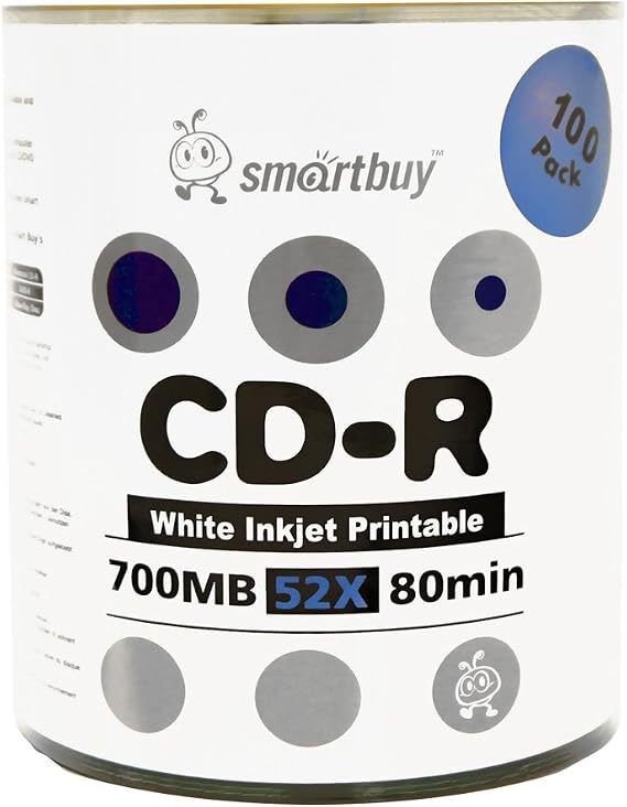 Smart Buy CD-R 1800 Pack 700mb 52x White Inkjet Hub Printable Discs, 1800pk | Blank Recordable Media Disc, Hold 80 Minutes of Data, Works for Inkjet Printer, Marker Writable, Plastic Wrap Packaging