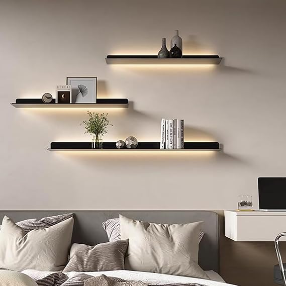 Metal Floating Shelves with Led Lights Set of 2,Wall Mounted Display Shelf,Wall Hanging Shelf Rack with Built-in Illuminated Led Light for Livingroom Kitchen Bathroom(150cm/59, Black)