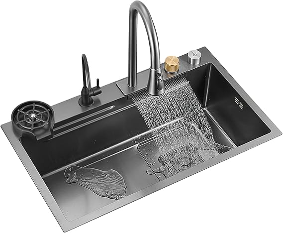 Kitchen Sink 304 Stainless Steel Nano Raindance Waterfall Sink Home Sink Vegetable Basin Single Sink Workstation Kitchen Sink With Pull-Out Faucet, Pressurized Cup Washer