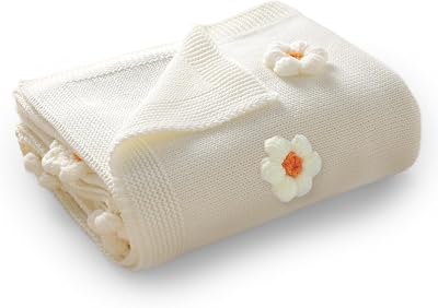 DovFanny Cotton Baby Blanket Soft Knitted Infant Swaddle Receving Crib Blanket with Cute Handmade Flowers