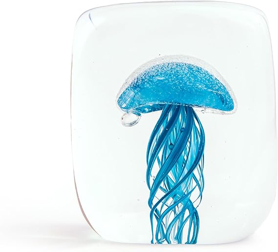 Hand Blown Glass Jellyfish Paperweight, 4" Blue Marine Animal Art Sculpture, Glow in The Dark Rectangular Block, Coastal Home Desk Decor Gift (Bondi Blue)