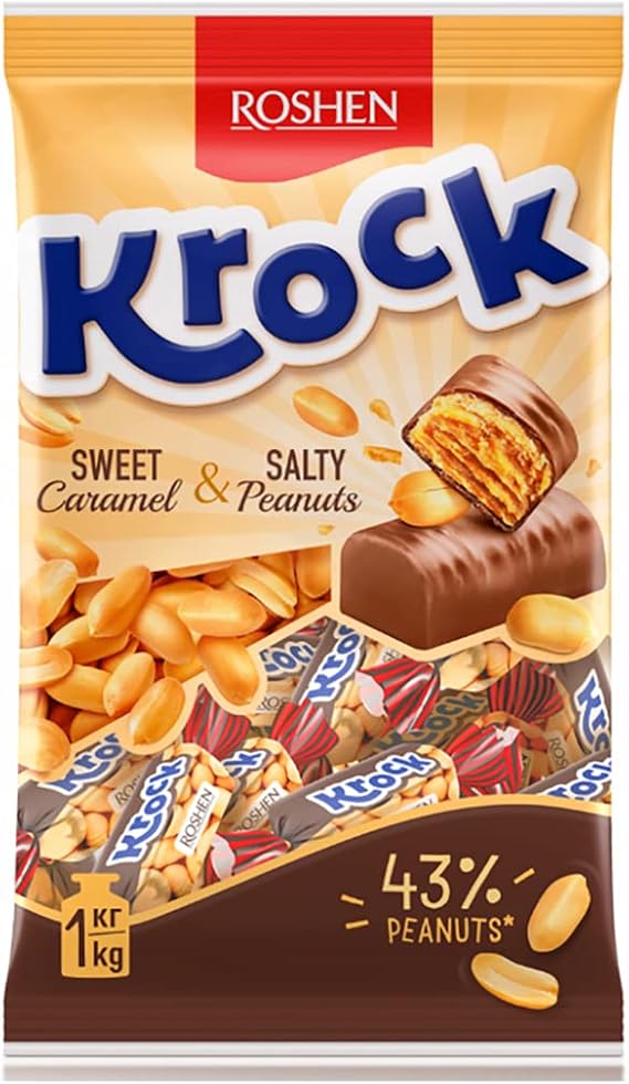 Roshen Krock Sweet Caramel with Salty Peanuts in Cocoa Coating, Filled with Peanut butter, 2.2lb/1kg