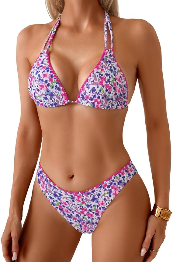 Tainehs Women's Sexy String Two Piece Bikini Sets Triangle Top Floral Print Swimsuits Mid Waist Cheeky Bathing Suit