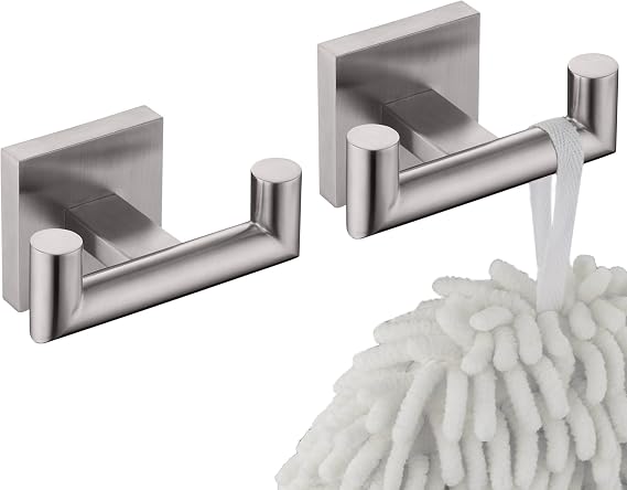 KOKOSIRI Robe Hook Bathroom Double Towel Coat Hooks for Bath Kitchen Wall Mounted, 2 Pack Brushed Nickel Stainless Steel B1015BR-P2