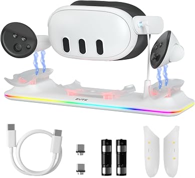 Charging Dock for Oculus/Meta Quest 3 - Magnetic Docking Station with LED Light - Charging Stationo Display with 2 * 1800Mah Rechargeable Batteries - VR Charging Stand Support Elite Strap