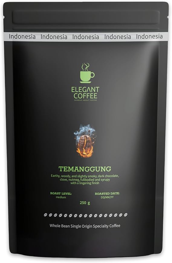 Elegant Coffee Temanggung Arabica Coffee Beans 250g - Premium Indonesian Single-Origin Medium Roast Whole Bean Coffee with Rich Dark Chocolate and Woody Notes - Freshly Sealed Bag for Maximum Flavor