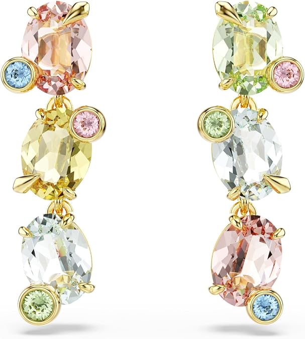 Swarovski Gema drop earrings, Asymmetrical design, Mixed cuts, Multicolored, Gold-tone finish