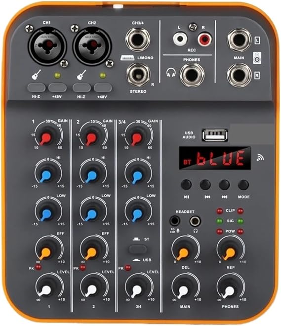DJ Controller, 4-Channel Tuner, DJ Console With Bluetooth 5.0 48V Phantom Power USB Sound Card For Computer Recording