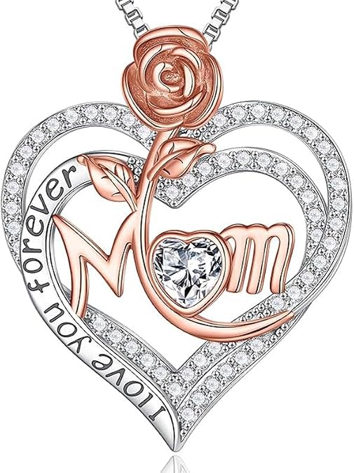 Mom Necklace Rose Heart Birthstone S925 Sterling Silve | Mothers Day Gift, Christmas Birthday Gift, Hypoallergenic, Tarnish Resistant, Adjustable 18"+2", Premium Gift Box