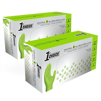 1st Choice 6 mil Green Gloves, Disposable, Latex Free, Raised Diamond Grip, Mechanic Glove for Men, Medium, 2 Boxes of 100