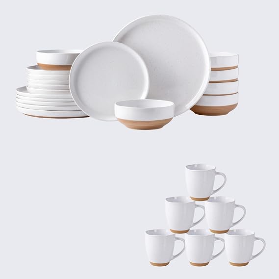 AmorArc Ceramic Dinnerware Sets for 6, 24Pieces Handpainted Plates and Bowls Set with Rustic Terracotta Underside, Scratch Resistant Stoneware Dishes Set, Dishwasher & Microwave Safe