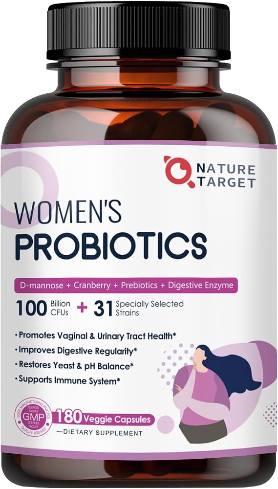 NATURE TARGET Women's Probiotic, 100 Billion CFU, 31 Strains, 90 Servings | With Prebiotic And Enzymes For Digestive Health,Cranberry, D-Mannose Support Urinary Tract & Vaginal Wellness, Shelf-Stable