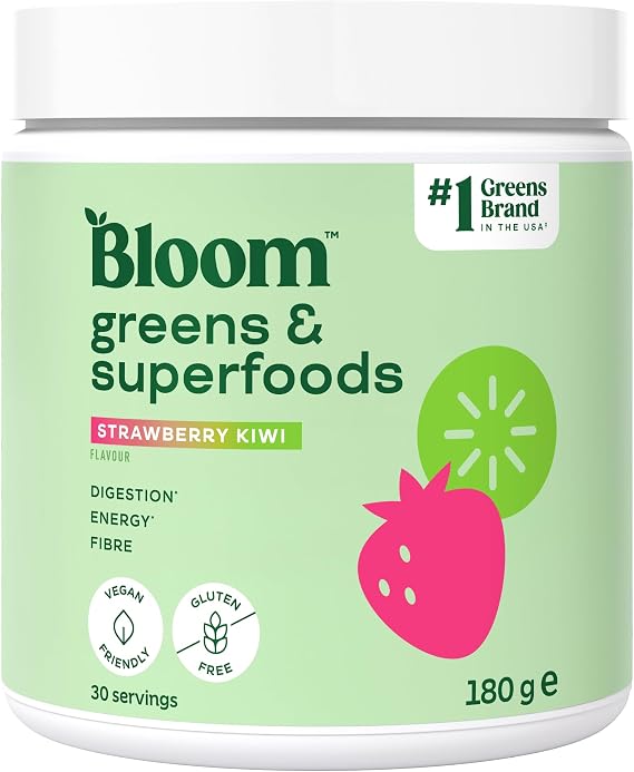 Bloom Super Greens Powder Strawberry Kiwi (30 Servings) with Probiotics, Digestive Enzymes, Spirulina & Chlorella, Sugar-Free