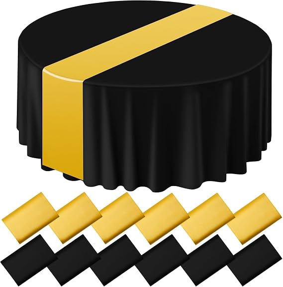 12 Pcs Round Plastic Tablecloth, Satin Table Runner, Black And Gold