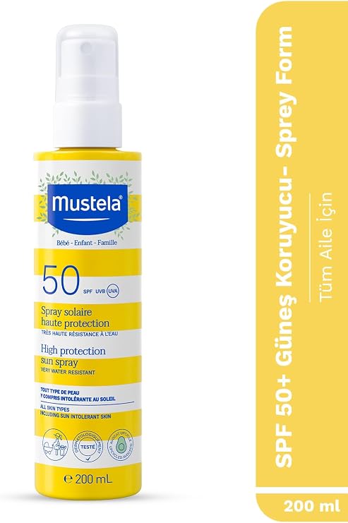 Mustela SPF 50+ Yüksek Koruma Yüz Vücut Güneş Sprey Suya Dayanıklı Tüm Ciltler ve Aile İçin 200 Ml