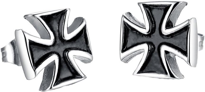 PAURO Men's Stainless Steel Vintage Cross Stud Earrings Silver and Black | Simple Classic Style, Statement Jewelry Gift