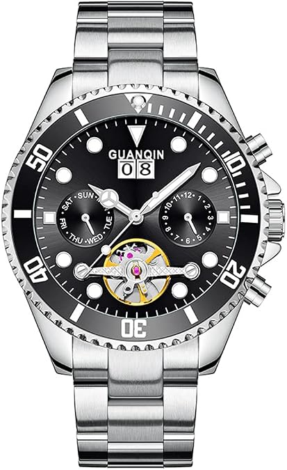 GUANQIN Vintage Men Skeleton Multifunctional Automatic Self-Wind Mechanical Wrist Watch Sapphire Crystal Business Double-Sided Hollow Waterproof Clock Man Luminous Stainless Steel Wristwatch