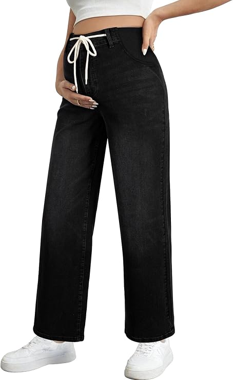 BLENCOT Maternity Jeans High Waisted Drawstring Straight Leg Denim Pants | Women's Stretchy Relaxed Loose Fit Maternity Pants Casual Lounge Office Work Pregnancy Clothes Fashion Fall
