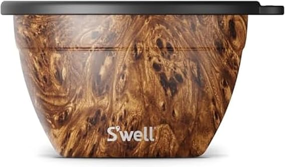 Swell Stainless Steel 64oz Salad Bowl Kit, Teakwood Finish, Includes 2oz Condiment Container and Removable Tray, Leak-Proof and Easy to Clean, Dishwasher Safe