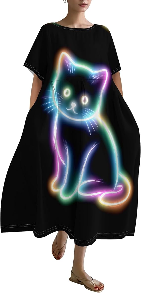 ZOCAVIA Womens Cat T Shirt Dress Cute Smocked Waist Swing Dresses Lightweight Casual Short Sleeve T Shirt Dress with Pocket