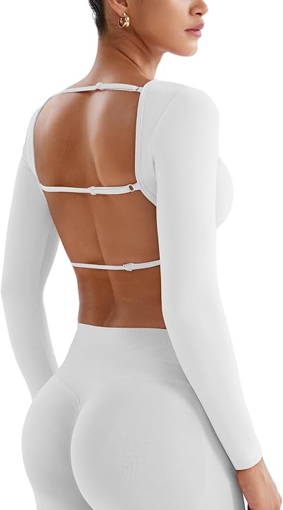 YEOREO Women's Backless Long Sleeve Adjustable Straps Seamless Crop T-Shirt