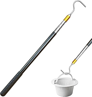 Extendable Pool Skimmer Basket Hook Pole Up to 63 Inch - Stainless Steel Skimmer Lid Lifting Hook with Non-Slip Grip - Easy Installation & Adjustable Length - Ideal for Pool Cleaning Debris Removal