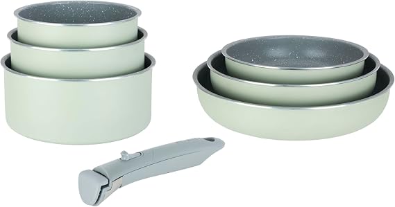 Sitram 716939 716939 Cookware Set with Healthy Ceramic Coating Stone Effect Green 7 Pieces: 3 Frying Pans Diameter 20.24.5 cm + 3 Saucepans Diameter 16.18 cm + Removable Handle, Suitable for All