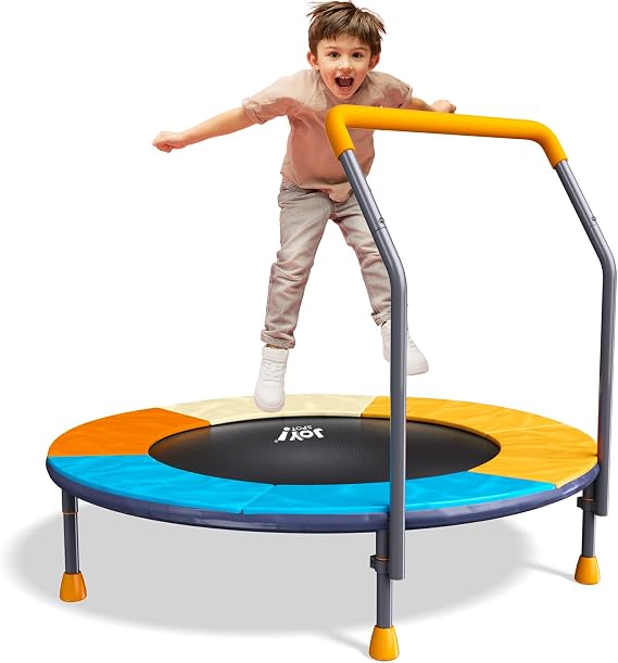 3FT Foldable Mini Trampoline with Height-Adjustable Handle for Kids | ASTM & CPSIA Certified, KidsTrampoline with Adjustable Bar, 100 lbs Capacity, Quiet Elastic Bands, Indoor Outdoor & Ages 3-6