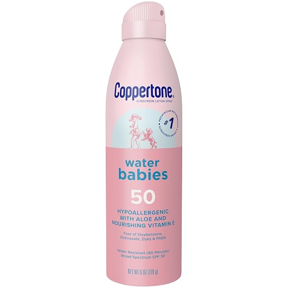 Coppertone WaterBabies Baby Sunscreen Spray SPF 50, 6 OZ | Spray Sunscreen for Baby with Aloe Vera, Water Resistant, Hypoallergenic, PABA, Oxybenzone, Octinoxate and Dye Free