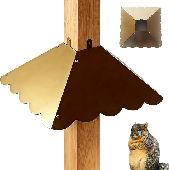 17-Inch Metal Squirrel Baffle for 4x4 Posts, Antique Bronze | Wavy-edge wraparound design, weather-resistant antique bronze coating and included tools for outdoor bird feeder posts