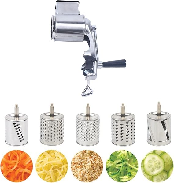 DYNAMI 5 in 1 Manual Stainless Steel Rotary Grater for Kitchen,Clamp Mount