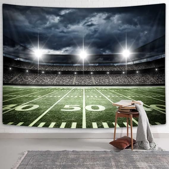 American Football Stadium Tapestry , Sport Field Light Night Soccer Turf Boys Kids Green Grass Dark Black Modern Simple Printed Decoration Tapestry Wall Hanging Bedroom Living Room Dorm Decor,40X30
