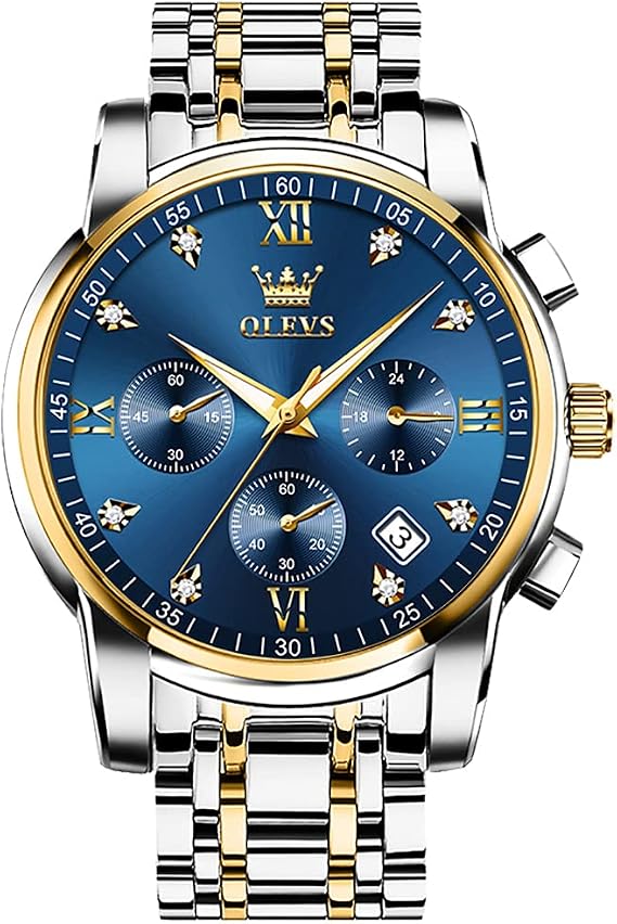 OLEVS Men's Stainless Steel Chronograph Watch, Big Face Gold Silver Black Tone Easy to Read Analog Quartz Watch, Luxury Waterproof Date Diamond Roman Arabic Numerals Dial Dress Watch for Men